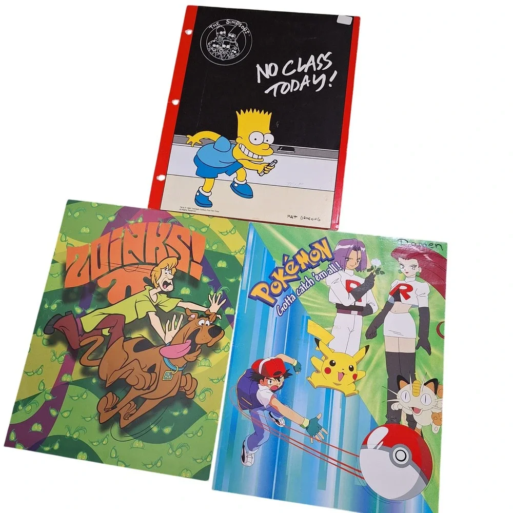 Vintage 1990s Pokemon Simpsons Scooby Doo School Pocket Folder Lot